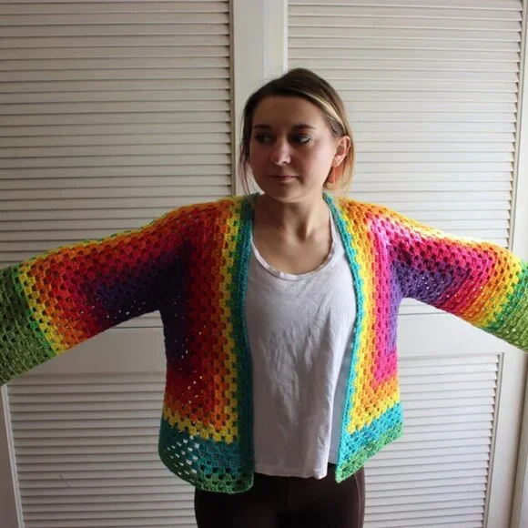 Rainbow Brite Mandala Granny Stitch Crochet Hexagon Open Cardigan - Picture 4 of 5